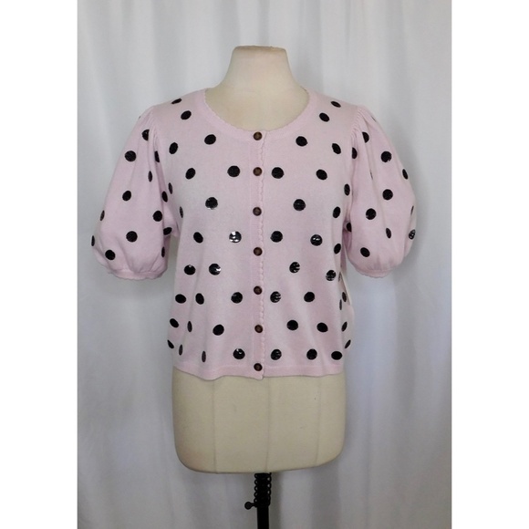 NWT!! Anthropologie MAEVE Puff-Sleeve Cashmere Cardigan Sweater Pink Sequin Dots - Picture 3 of 16